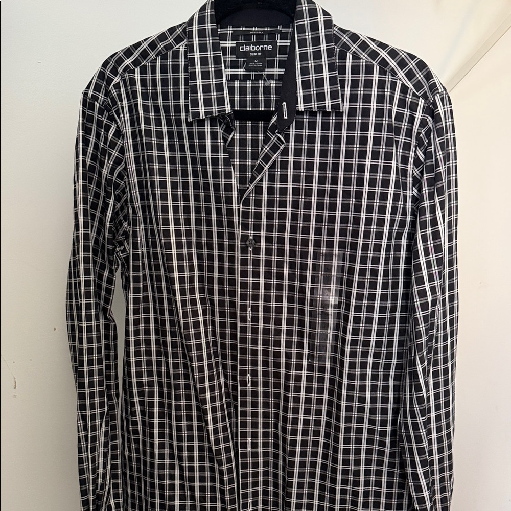 Claiborne Men's Black and White Plaid Shirt